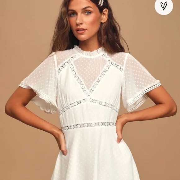 Lulus Fairytale Romance Swiss Dot Sheer Cut Out Tie Back Mini Dress White Medium - Picture 3 of 11
